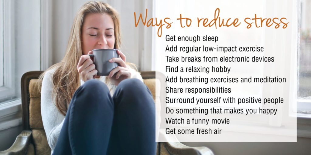 Women sips drink with the text ways to reduce stress